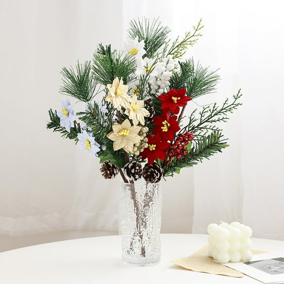 4PCS Poinsettia Christmas Flowers Artificial Christmas Tree Picks Faux Christmas Flowers Fake Pine Cone Green Leaf Berry Needle Decorative Stems for Holiday Decor DIY Wreath