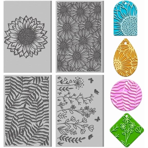 4PCS Polymer Clay Flowers Leaves Texture Sheets Set for Using with Clay Cutters Boho Clay Texture Mats Jewelry Making DIY Craft Tools