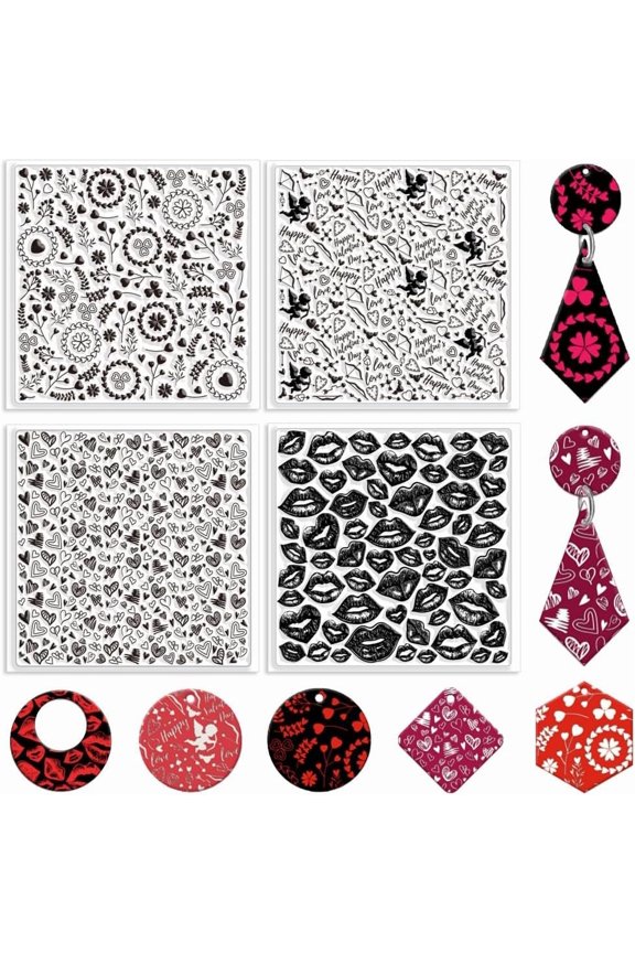 4PCS Polymer Clay Texture Sheets Lips Love Heart Cupid Texture Stamp Sheets Silicone Texture Stamp Clay Texture Mat Texture Sheets for DIY Polymer Clay Jewelry Earrings Tools