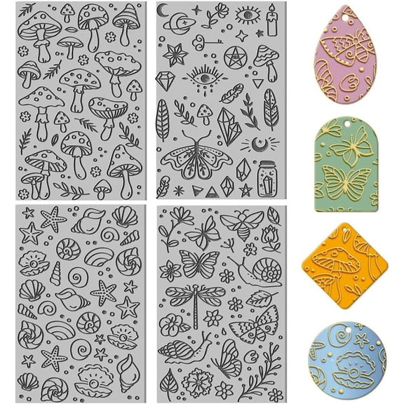 4PCS Polymer Clay Texture Sheets Mushroom Polymer Texture Mat Sea Life Butterfly Dragon Pattern Pad Clay Stamps Tools