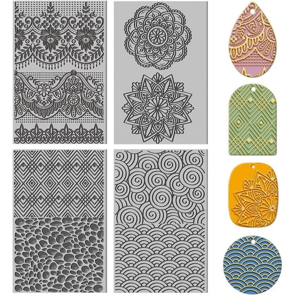 4PCS Polymer Clay Texture Sheets Vintage Texture Stamp Sheets for Polymer Clay Texture Mat for Making Earrings Jewerly Polymer Clay Earrings Tools 4x2.6inch Mixed Color