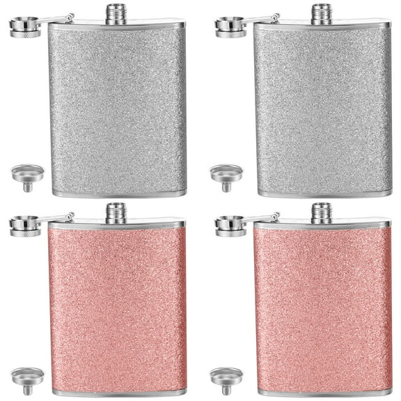 4PCS Portable Stainless Steel Pocket Flask with Funnel for Whiskey Leak Proof Glitter Bling Flask 8OZ Hip Wine Kettle for Camping