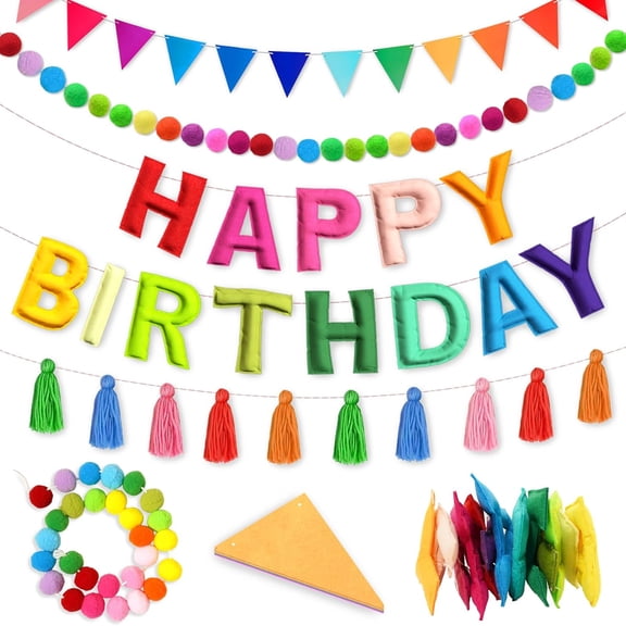 4PCS Pre-Strung Happy Birthday Banner - Felt Happy Birthday Garland, Ball Garland, Felt Pennant Flag, Colorful Thread Tassel Rainbow Party Decorations for Women Men Kids