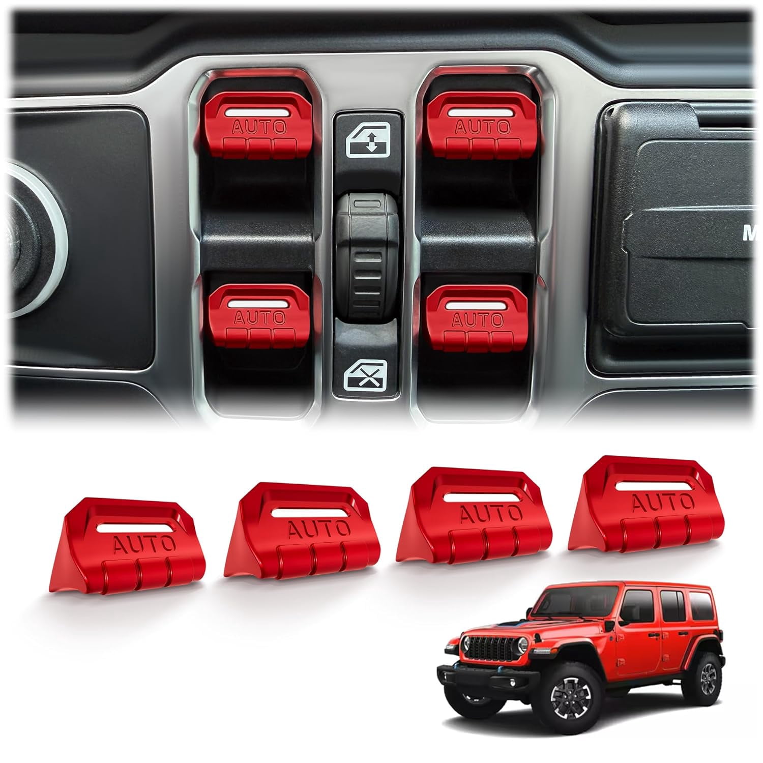 4PCS Premium Aluminum Window Decorative Switch Ring Trims Button Cover Set for Jeep Wrangler JL JLU 2018-2025 2026 & Gladiator JT 2020-2026 Accessories - Metal Finish, Interior Upgrade (Red)