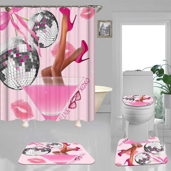 4PCS Preppy Shower Curtain Sets with Rugs, Disco Shower Curtain, Waterproof Fabric Pink Shower Curtain, Pink Bow Bowknot Cherry Lips Kiss Modern Funky Groovy Women Teen Girls Bathroom Decor