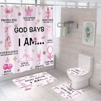 4PCS Preppy Shower Curtain Sets with Rugs, Pink Shower Curtain, Inspirational Quotes Pink Bow Coquette Bowknot Lipstick Makeup Whiter Floral Cute Cherry Girly Aesthetic Groovy Bathroom Decor