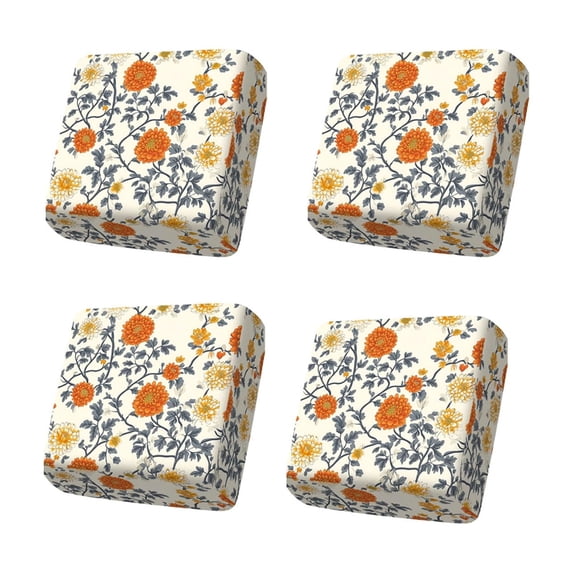 4PCS Printed Outdoor Patio Seat Cushion Cover, Waterproof Stretch Wicker Sofa Cushion Slipcover, Floral Geometric Pattern Furniture Cushion Protector for Garden Rattan Chair 27.56x25.2 Inch