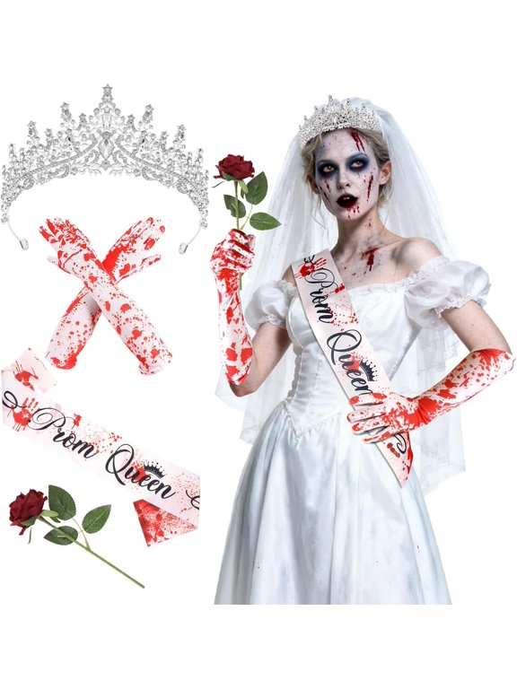 4PCS Prom Queen Halloween Costume Accessories for Women, Prom Queen Sash and Tiara Bloody Gloves and Fake Rose for Halloween Cosplay Party Dress Up Supplies