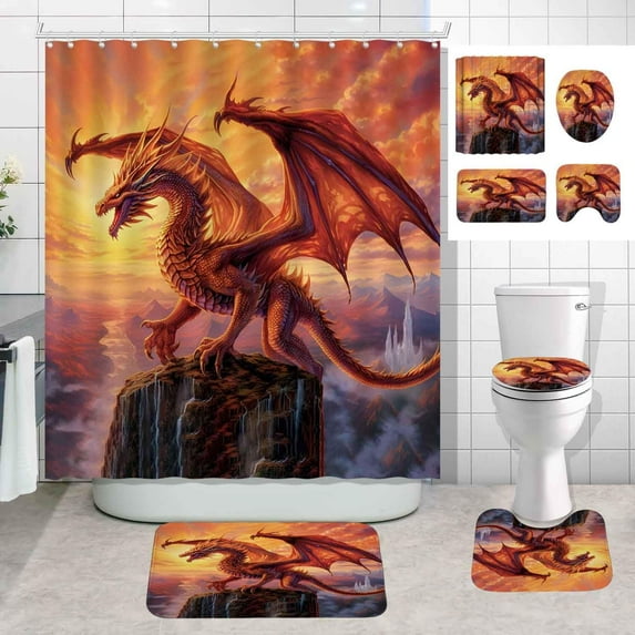 4PCS Purple Dragon Shower Curtain Set, Medieval Mythical Creature Fantasy Animal Cool Dragon Bathroom Decor for Boys Kids, Waterproof Fabric Shower Curtain, Non-slip Bath Mats Toilet Rugs