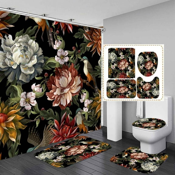 4PCS Purple Floral Shower Curtain Set, Waterproof White Fabric Shower Curtain, Non-Slip Bath Mat Bathroom Rugs Spring Watercolor Peony Flower Green Plant Botanical Garden Modern Bathroom Decor