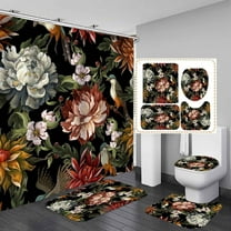 4PCS Purple Floral Shower Curtain Set, Waterproof White Fabric Shower Curtain, Non-Slip Bath Mat Bathroom Rugs Spring Watercolor Peony Flower Green Plant Botanical Garden Modern Bathroom Decor