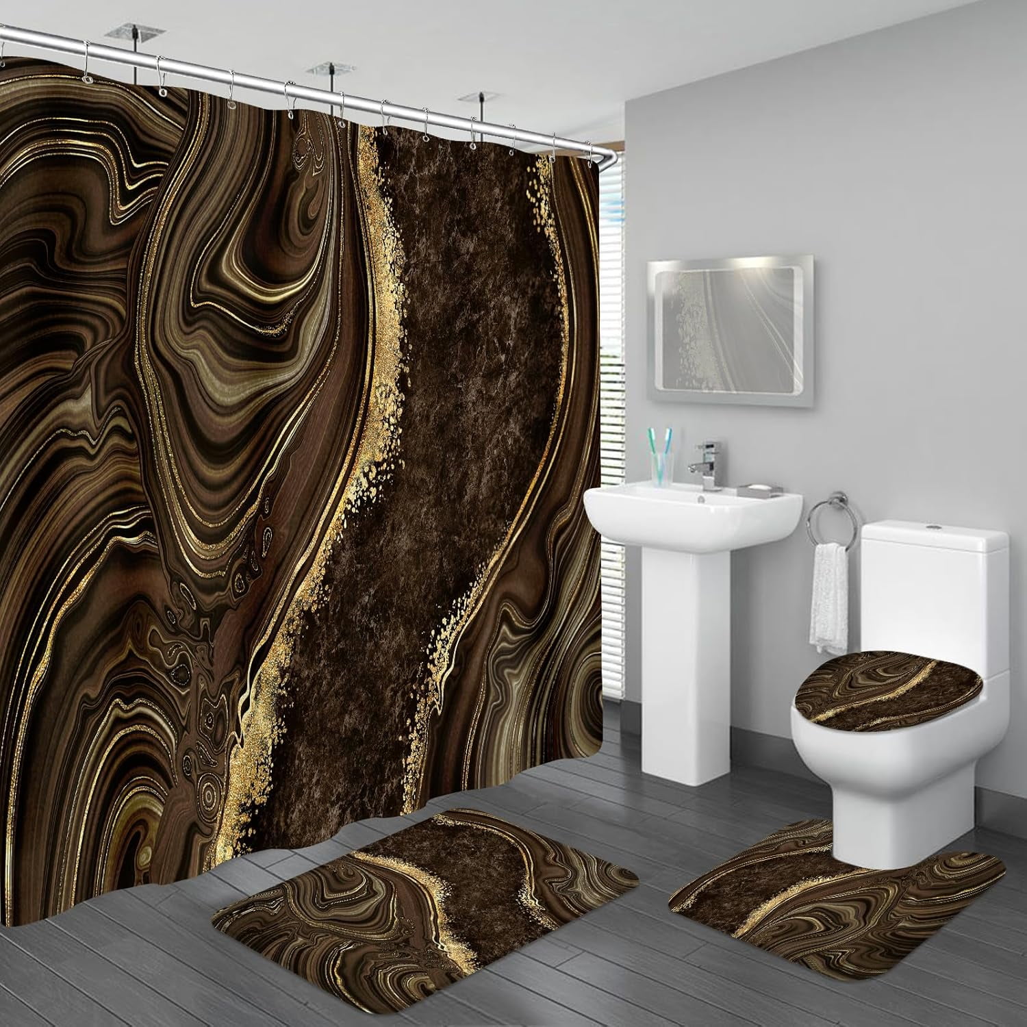 4PCS Purple Gold Marble Bathroom Sets with Shower Curtain and Rugs ...
