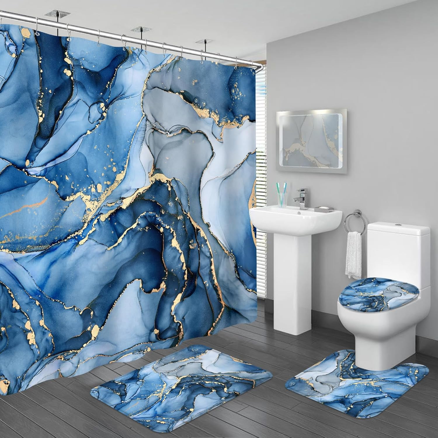 4PCS Purple Gold Marble Bathroom Sets with Shower Curtain Sets and Rugs ...