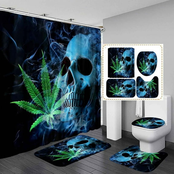 4PCS Skull Shower Curtain Sets with Rugs, Waterproof Fabric Black Shower Curtain, Gothic Goth Skeleton Spooky Bohemian Floral Rose Flower Ferns Plant Leaves Moon Star Mushroom Bathroom Decor