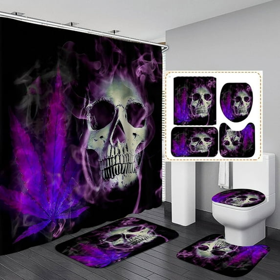 4PCS Purple Skull Shower Curtain Sets with Rugs, Waterproof Fabric Shower Curtain, Halloween Horror Scary Gothic Cool Skeleton Bathroom Decor for Men Teen Boys, Non-slip Bath Mat Bathroom Rugs