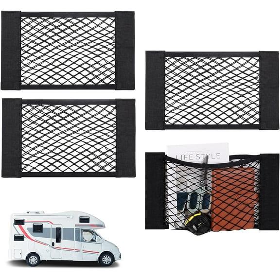 4PCS RV Cargo Storage Mesh Net, Elastic Stretchable Netting Pocket with 8 Adhesive Strip Wall Sticker for SUV, Truck(17.7 x 9.5 Inch)
