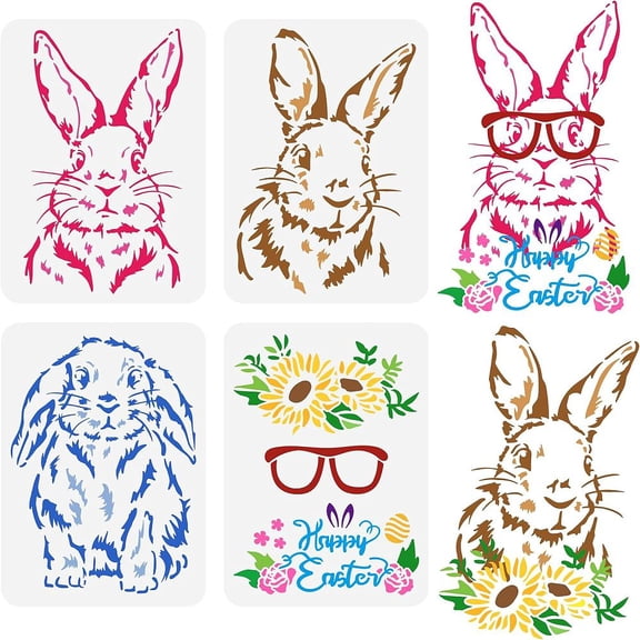 4PCS Rabbit Painting Stencils 11.7x8.3 inch Happy Easter Decoration Plastic Long-Eared Bunny Stencil Sunflower Leaves Glasses Easter Egg Art