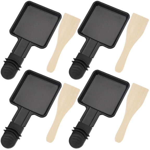 4PCS Raclette Pan with Non-Stick Coating with Insulated Handle and 4 Shovel Portable Cooking Tray for Melted Cheese OmeletteA