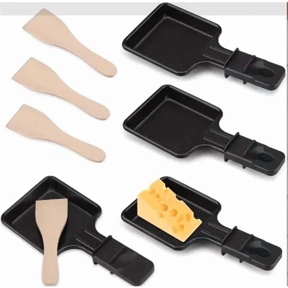 4PCS Raclette Pan with Non-Stick Coating with Insulated Handle and 4 Shovel Portable Cooking Tray for Melted Cheese OmeletteD