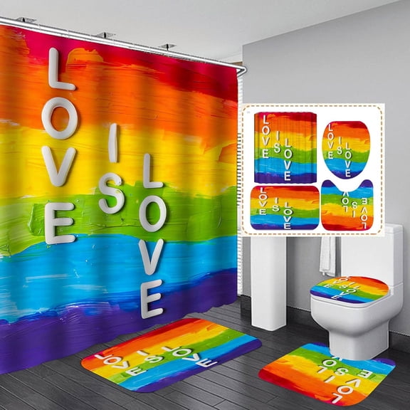 4PCS Rainbow Shower Curtain Sets with Rugs, Waterproof Fabric Colorful Shower Curtain, Bright Stripe Love Heart Hand Lesbian Gay Inspirational Quotes Motivational Pride LGBTQ Bathroom Decor