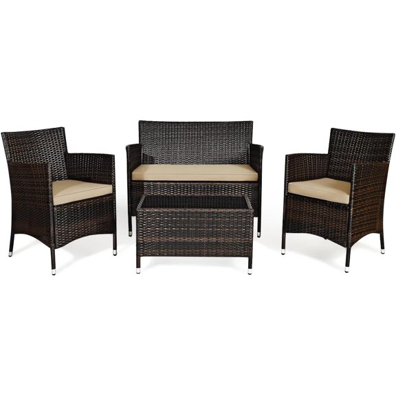 4PCS Rattan Patio Furniture Set, Outdoor Wicker Rattan Chairs with Coffee Table, Rattan Cushioned Conversation Set for Backyard Balcony Porch Poolside, Brown