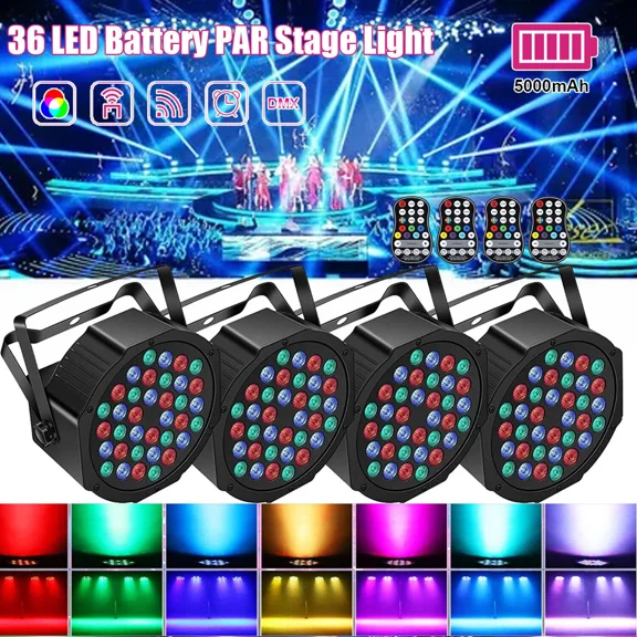 4Pack 36W RGB Battery LED Par Lights, Wireless Rechargeable, Sound Active with Remote - for DJ, Wedding, Stage, Party, Club, Church