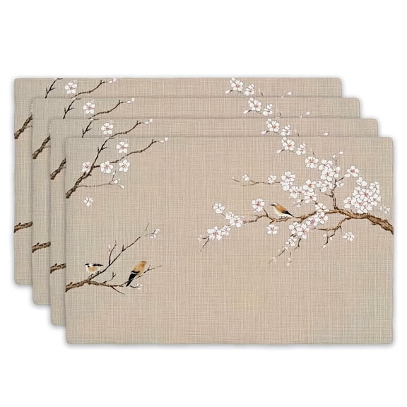 4PCS Rectangular Placemats, Rice Background Plum Blossom Bird Pattern Theme placemats,for Dining Table, Kitchen, Party, Indoor, Holiday, Dinner Parties And Home Decor (Table Mats) 12X18 Inch