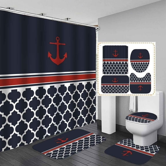 4PCS Red Anchor Nautical Shower Curtain Set, Waterproof Fabric Shower Curtain, Non-Slip Bath Mat Bathroom Rugs White Navy Blue Quatrefoil Stripes Abstract Geometric Ocean Anchor Bathroom Decor