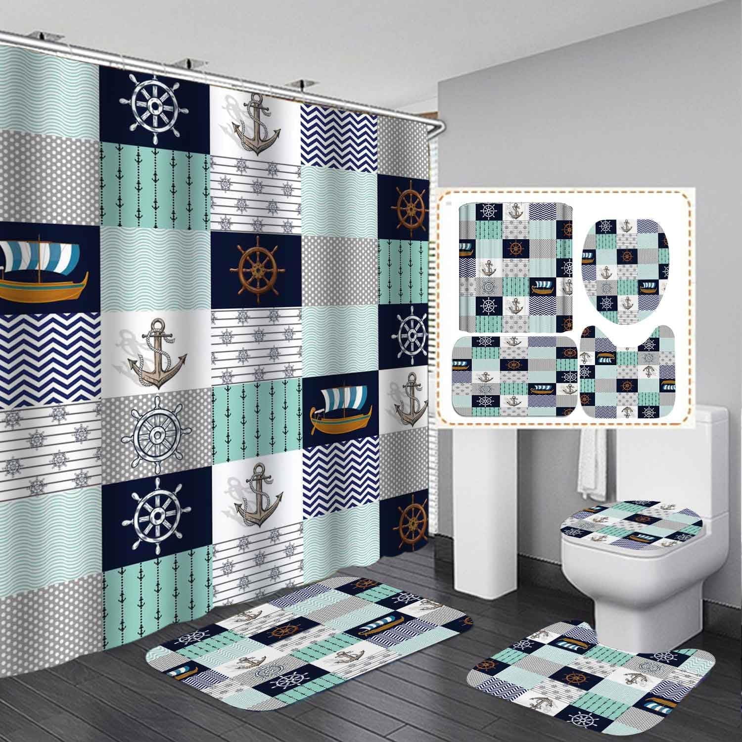 4PCS Red Anchor Shower Curtain Set, Waterproof Fabric Shower Curtain, Non-Slip Bath Mat Bathroom Rugs Navy Blue White Stripes Abstract Geometric Modern Navigation Ocean Nautical Bathroom Decor