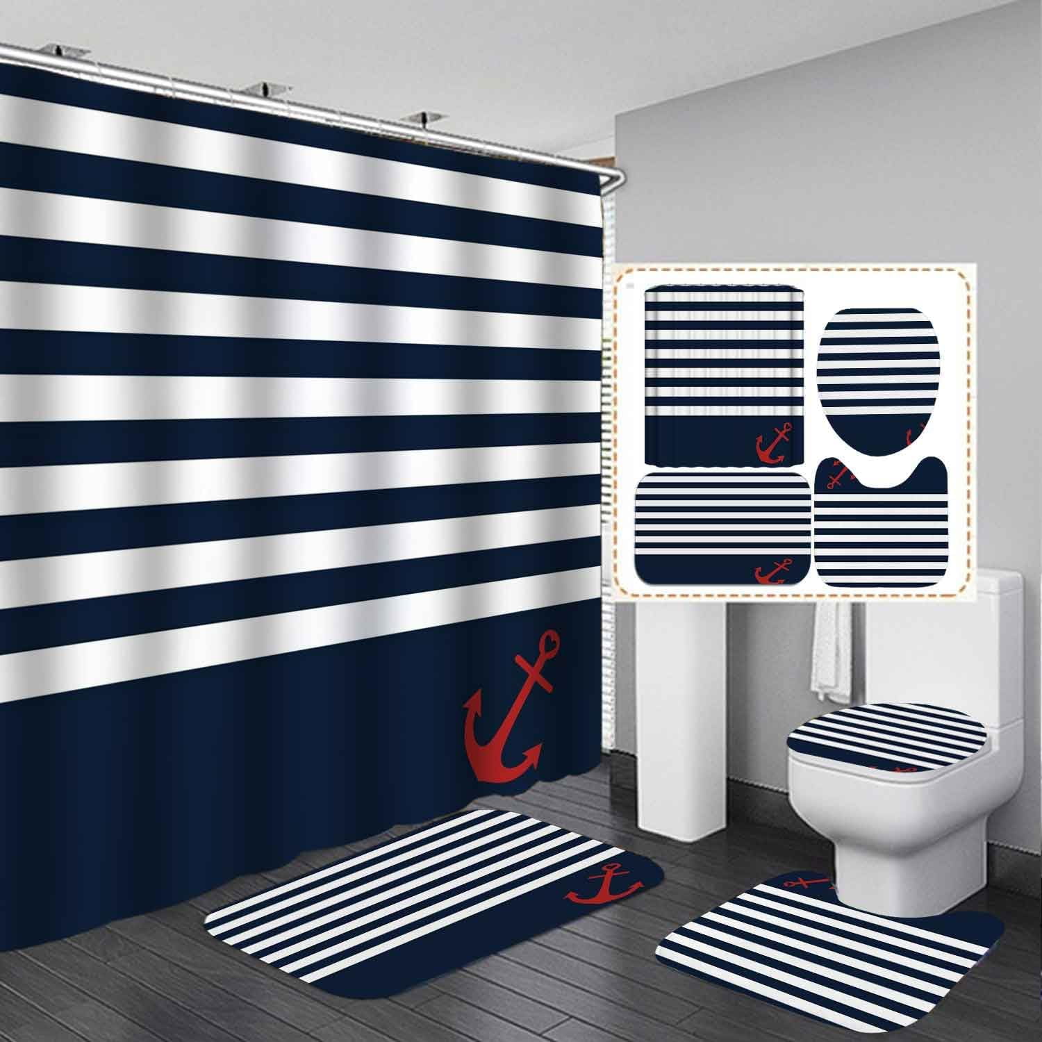 4PCS Red Anchor Nautical Shower Curtain Set, Waterproof Fabric Shower Curtain, Non-Slip Bath Mat Bathroom Rugs White Navy Blue Quatrefoil Stripes Abstract Geometric Ocean Anchor Bathroom Decor