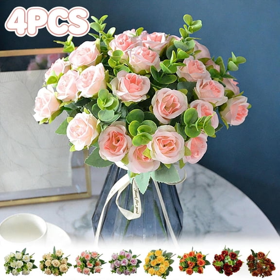 4PCS Red Artificial Mini Rose Bouquet, No-Maintenance Fake Flowers for Home Decor, Wedding, Table Centerpiece & Vase Arrangements