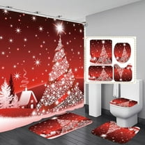 4PCS Red Christmas Tree Shower Curtain Sets, Christmas Village Printed Shower Curtain Sets with Rugs, Toilet Lid Cover and Bath Mat for Bathroom Set Decor Christmas Bathroom Decor Theme