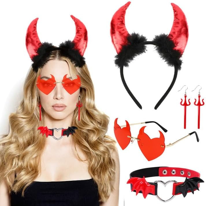 4PCS Red Devil Accessories Set for Women, Devil Horns Headband Devil ...