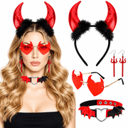 4PCS Devil Costume Accessories Set for Women, Horns Headband Devil Glasses Wings Choker Necklace Pitchfork Earrings for Halloween Dress-Up
