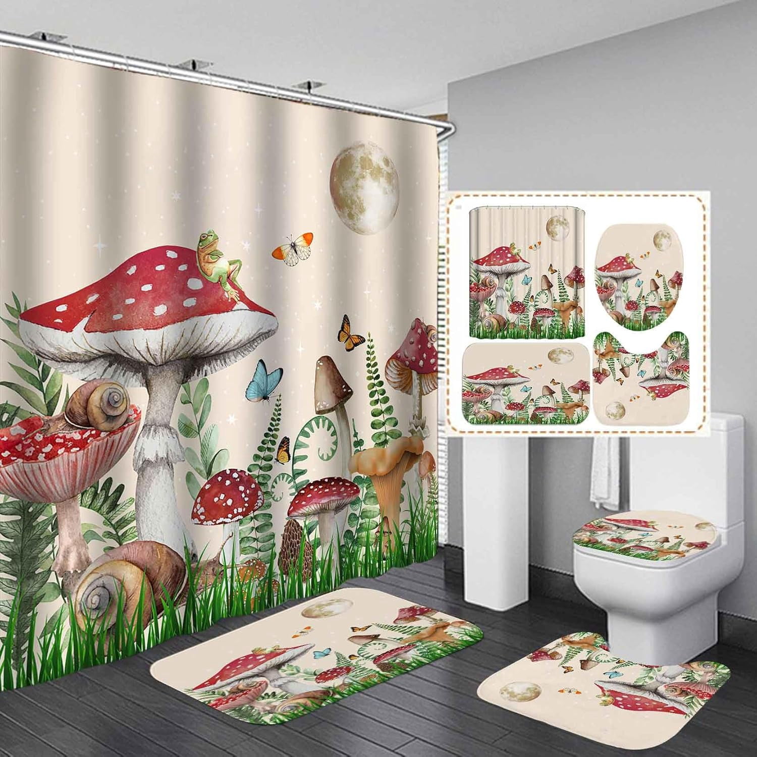 4PCS Red Mushroom Shower Curtain Set, Elf Butterfly Green Plant ...