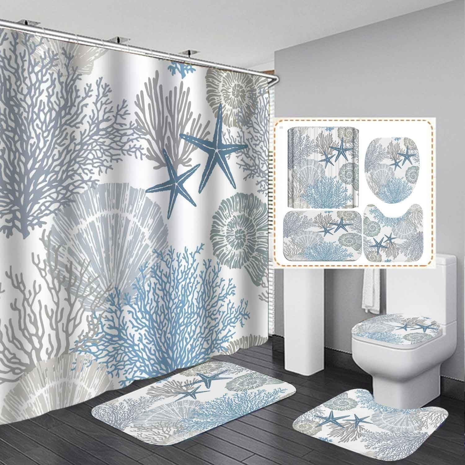 4PCS Red Octopus Shower Curtain Sets with Rugs, Waterproof Fabric White ...