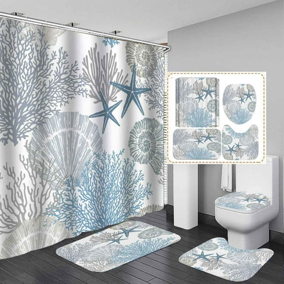 4PCS Red Octopus Shower Curtain Sets with Rugs, Waterproof Fabric White Shower Curtain, Funny Sea Monster Kraken Tentacles Ocean Animal Beach Coastal Nautical Bathroom Decor, Octopus Decor