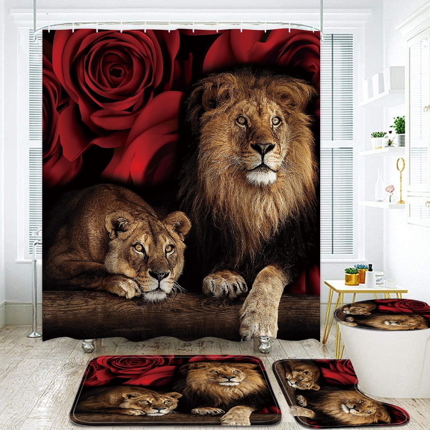 4PCS Red Rose and Lion Shower Curtain Bathroom Set with Rugs, Toilet ...