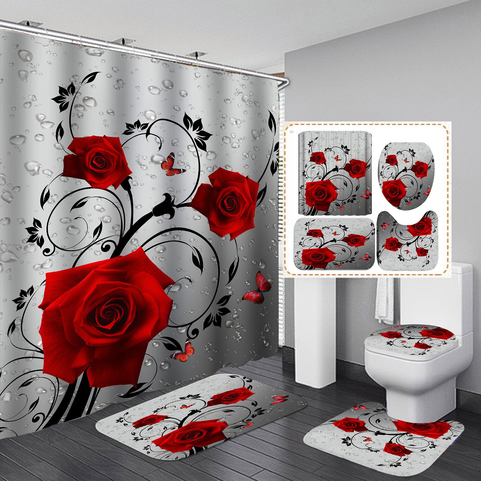 Paris Shower Curtain and 12 Resin Hooks Bathroom Set Eiffel Tower