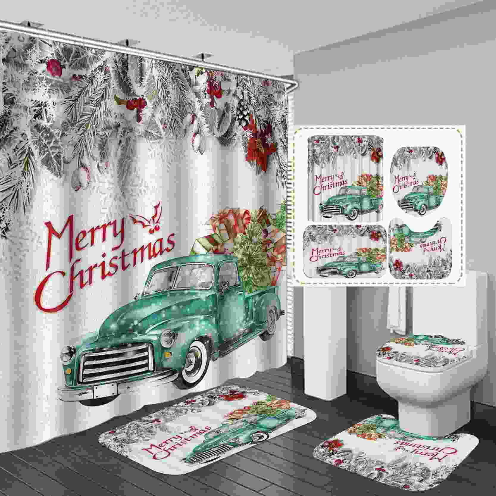 4PCS Red Truck Christmas Shower Curtain Sets, Christmas Decorative Shower Curtain Soft NonSlip
