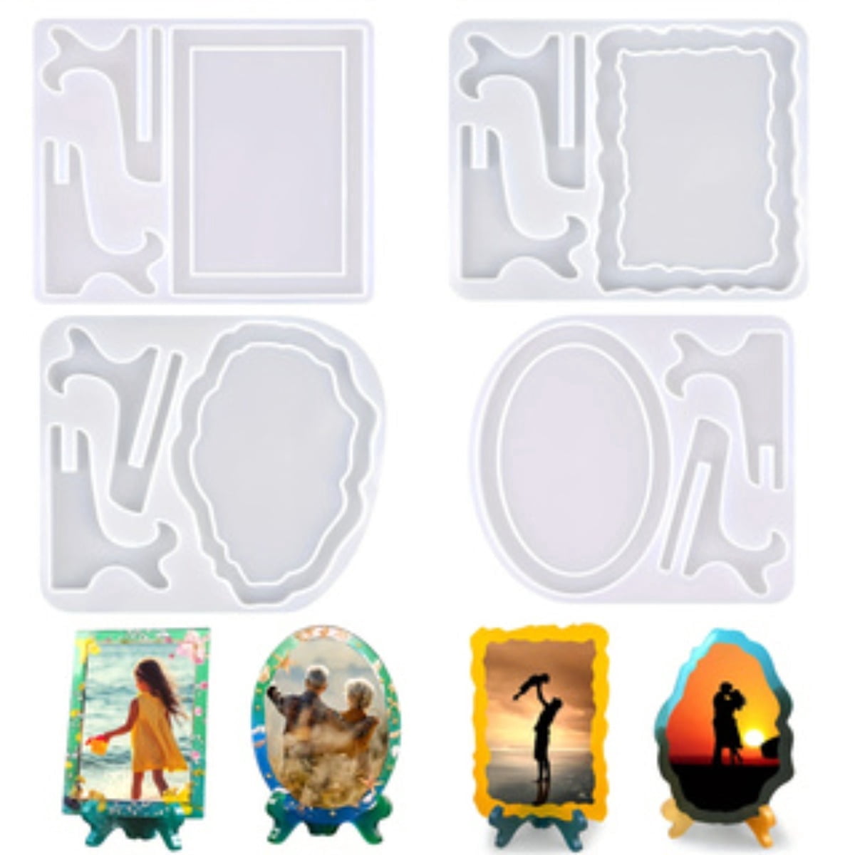4PCS Resin Mold for Photo Frame, Picture Frame Resin Molds with Stand Holder, Rectangle & Oval of Irregular Edge Frame Silicone Molds for Resin Casting, DIY Gifts Home Decor