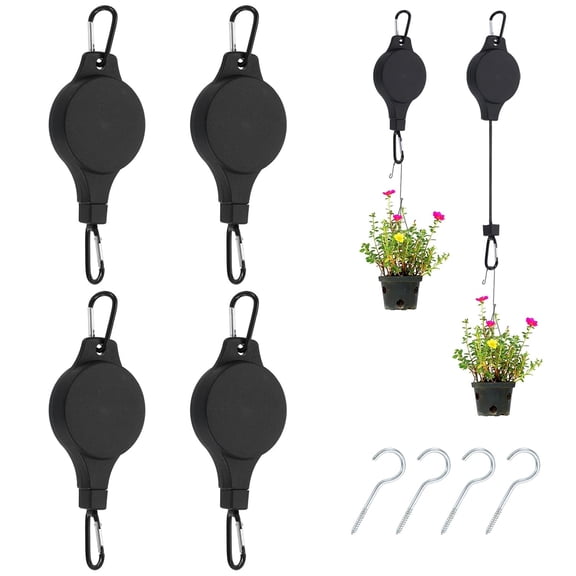 4PCS Retractable Plant Pulley Hanging Basket Hooks with Ceiling Hooks, Adjustable Rope Clip Hanger for Garden Hanging Basket Pots Indoor & Outdoor Use