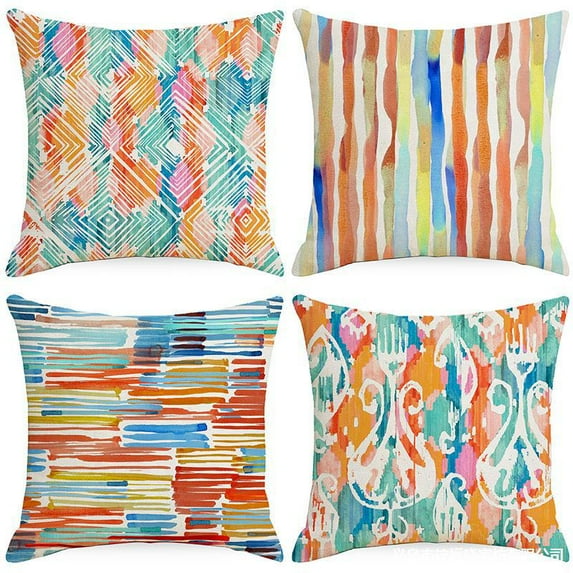 4PCS Retro Watercolor National Style Throw Pillows Modern Art Decoration Square Cushion Case Family Sofa Living Room Outdoor Decor Pillow Case 18x18 Inch