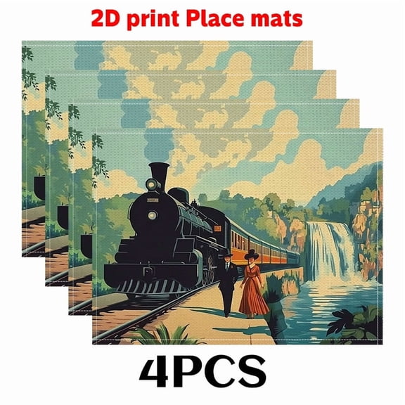 4PCS Retro train Theme placemats, 12X18in-Modern Table Decoration for Kitchen Dining Table Decoration, Farmhouse Style, Table Setting Essentials, Vintage Train Design, Rustic Table Accents