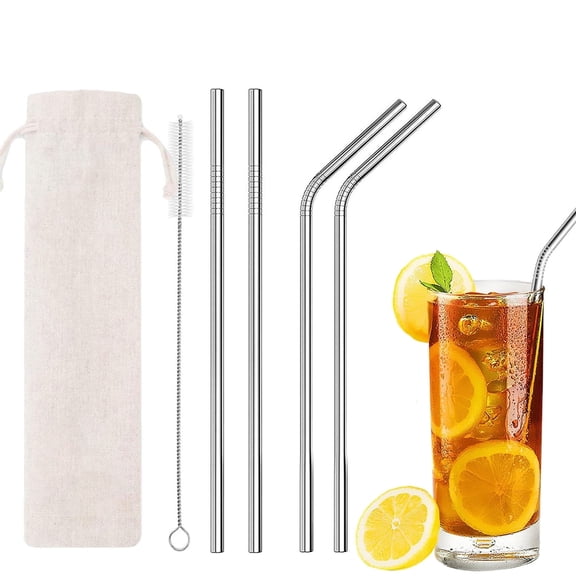 4PCS Reusable Metal Straws, 10.4" Stainless Steel Straws with Bag and Cleaning Brush for 20/30 Oz for Tumblers (Silver)
