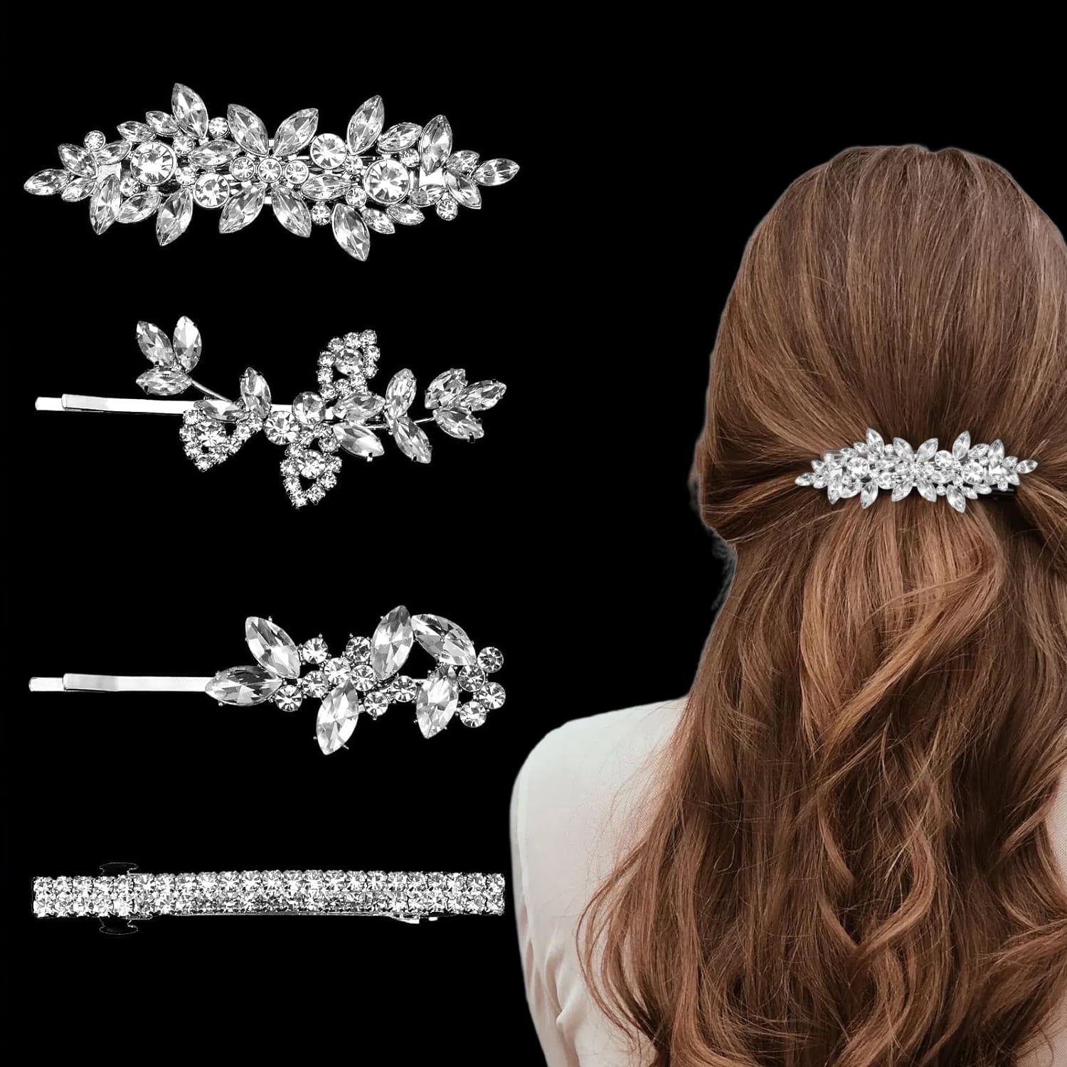 4PCS Rhinestone Hair Clips Leaf Crystal Hair Clips Silver  display picture 2