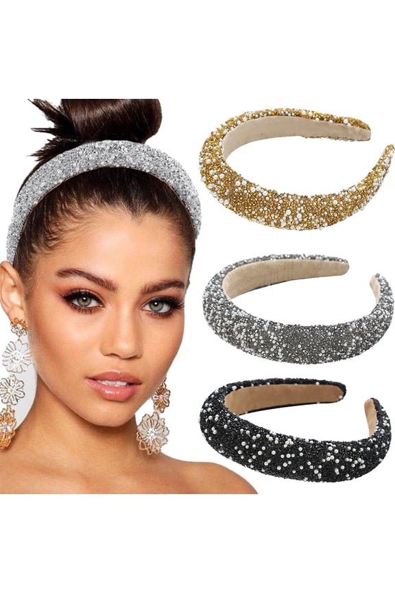 4PCS Rhinestone Pearl Headband Padded Wide Hairband Bling Crystal Headhoop Glitter Silver Head Bands for Women and Girls