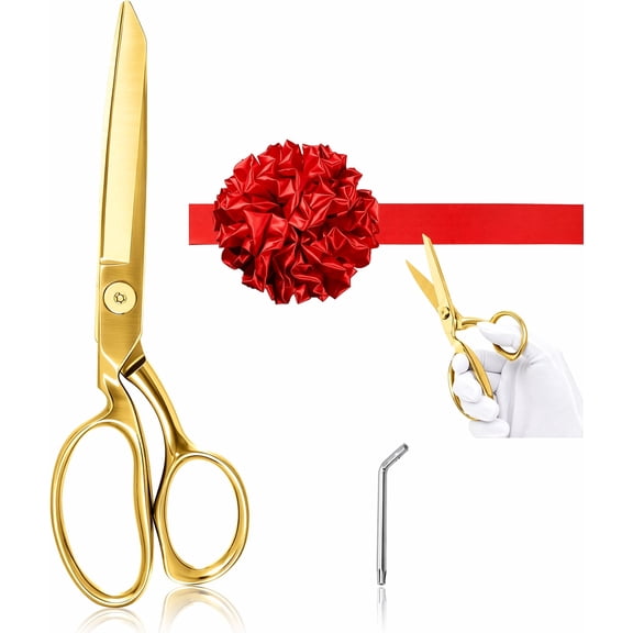4PCS Ribbon Cutting Ceremony Kit Gold Scissors Red Ribbon Flower Ball White Gloves for Grand Opening Event Decoration