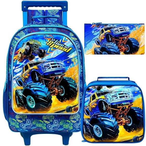 4PCS Rolling Backpack for Boys, Cute Kids Truck Wheeled Bookbag?Roller School Bag with Wheels for Elementary Preschool Travel