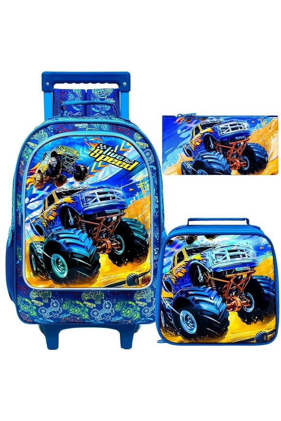 4PCS Rolling Backpack for Boys, Cute Kids Truck Wheeled Bookbag?Roller School Bag with Wheels for Elementary Preschool Travel
